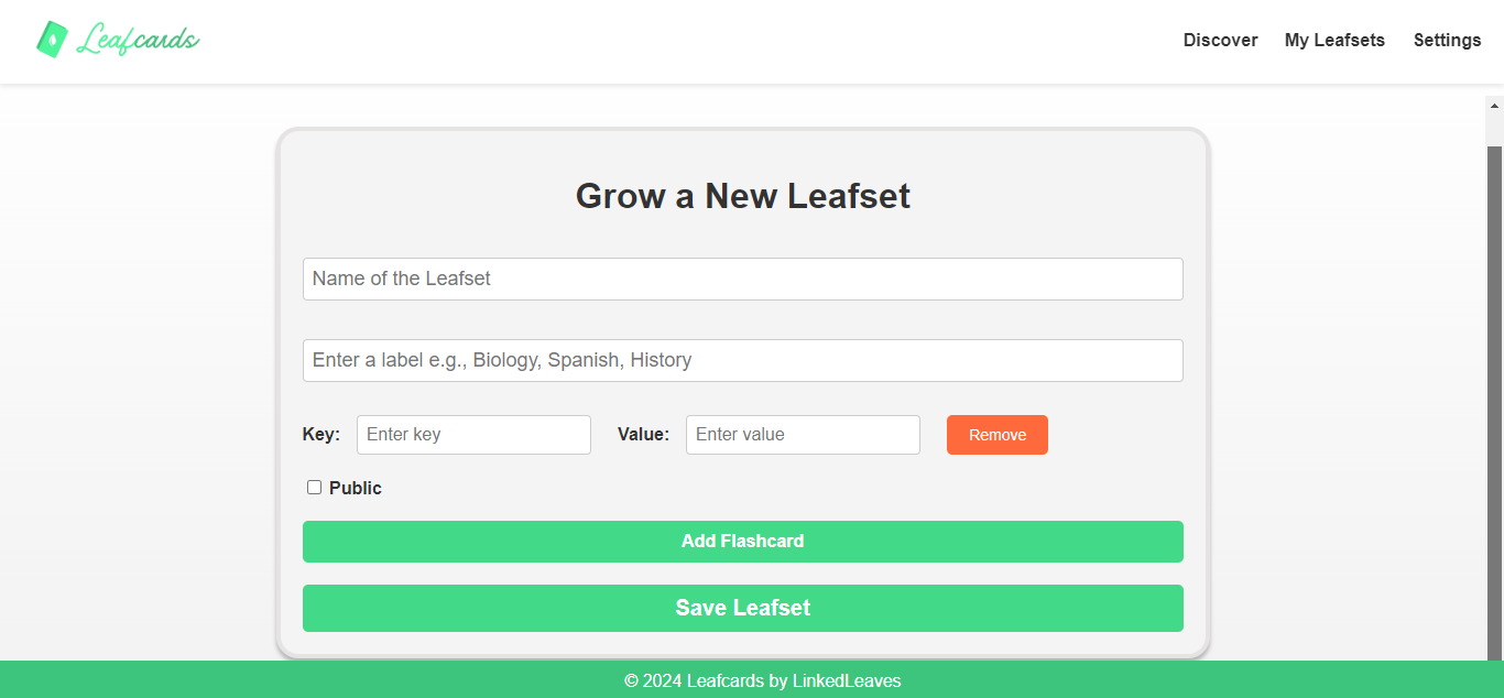leafcards leafset create page