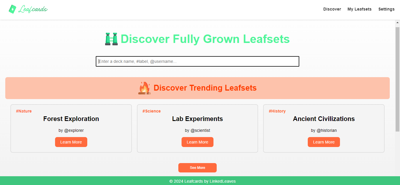 leafcards discover page