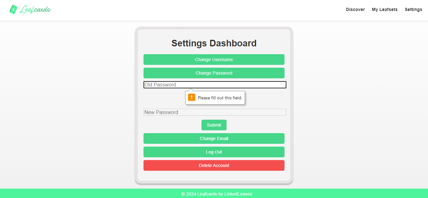 leafcards settings page